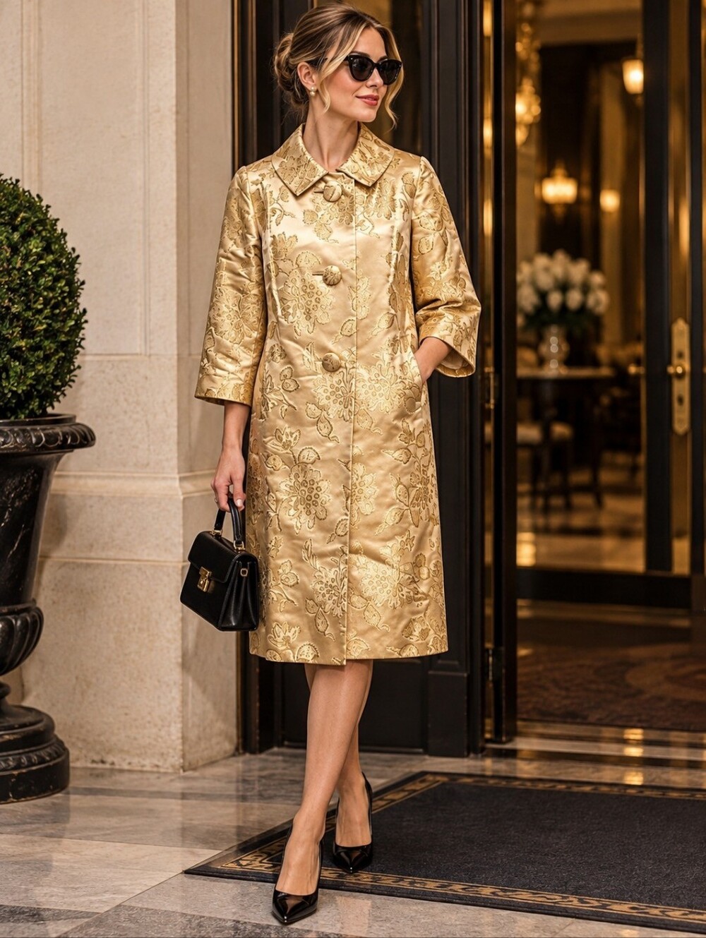 Vintage 60s Royal Lynne 100% Silk Gold Brocade Opera Coat Hong Kong Sz 12
